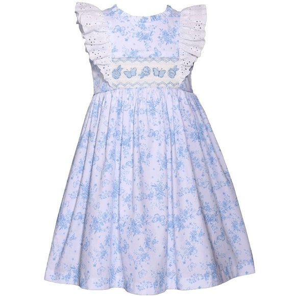 Bonnie Jean Girls 3M-6X Blue Toile Embroidered Smocked Panel Dress - Picture 1 of 5